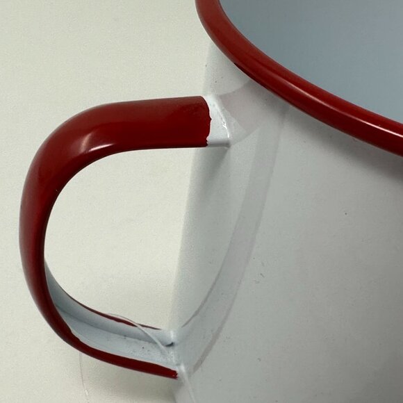 Sleigh Bell Bistro I Love Cocoa Metal Mug Red Rim White Enamel Cup 20 oz Holiday - Picture 7 of 14